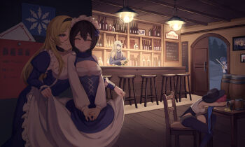 Rule 34 | 1boy, 4girls, absurdres, alcohol, bar stool, barrel, beer mug, black hair, black hairband, blonde hair, blue dress, blue hair, bottle, breasts, cleavage, closed eyes, cup, dress, eyepatch, hair between eyes, hairband, highres, indoors, kibiko (cheeks), long hair, mug, multiple girls, night, pixiv fantasia, pixiv fantasia last saga, red hair, short hair, sitting, small breasts, spill, stool, tavern, wooden floor
