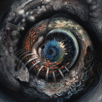 absurdres air_bubble album_cover artist_request binary bomb bone bubble cable cityscape cock_roach_(band) cover explosive fish highres koi no_humans painting_(medium) smoke surreal swirl traditional_media water