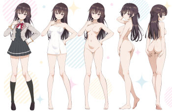 1girl ass back black_hair black_skirt black_socks blazer bow bowtie breasts collared_shirt completely_nude gluteal_fold grey_jacket groin hands_on_own_ass highres jacket kneehighs long_hair looking_at_viewer medium_breasts multiple_views naked_towel nanikairu navel no_nipples no_pussy nude open_clothes open_jacket paid_reward_available pleated_skirt purple_eyes pussy red_bow red_bowtie school_uniform seiren_academy_school_uniform shirt simple_background skirt smile socks stomach suou_yuki thighs tokidoki_bosotto_roshia-go_de_dereru_tonari_no_alya-san towel white_shirt wing_collar