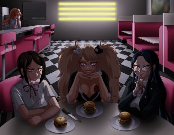 4girls absurdres black_hair blonde_hair blue_hair breasts burger cleavage danganronpa_(series) danganronpa_3_(anime) danganronpa_v3:_killing_harmony dim_lighting diner enoshima_junko evil_grin evil_smile food glasses glowing glowing_eyes grin highres ikusaba_mukuro knife multiple_girls orange_hair plate shirogane_tsumugi siblings sisters smile twins yukizome_chisa