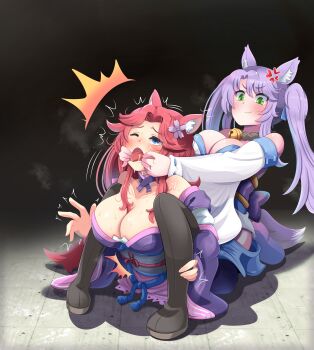 absurdres angry animal_ears blue_eyes camel_clutch catfight commission commissioner_upload drooling fox_miko_(sakura_dungeon) green_eyes highres japanese_clothes kimono lying mi_nomi_ni non-web_source on_stomach pink_hair purple_hair sakura_dungeon sitting sitting_on_person thighhighs trembling twintails wrestling yomi_(sakura_dungeon)