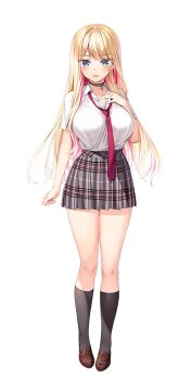 1girl :d amaemi-longing_for_you- arm_at_side black_choker black_socks blonde_hair blue_eyes blush breasts brown_shoes choker collared_shirt colored_inner_hair cross cross_choker eyes_visible_through_hair full_body grey_skirt hand_up kneehighs kusunoki_iroha large_breasts large_variant_set loafers long_hair looking_at_viewer multicolored_hair official_art open_mouth oryo_(oryo04) pink_hair plaid_clothes plaid_skirt pleated_skirt school_uniform shirt shirt_tucked_in shoes short_sleeves simple_background skirt smile socks solo standing tachi-e variant_set white_background white_shirt wing_collar