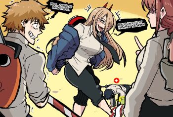 1other 2girls 3boys breasts candy candy_cane chainsaw_man commentary crawling demon_horns denji_(chainsaw_man) english_commentary english_text food fortnite hayakawa_aki horns jacket large_breasts long_hair long_sleeves makima_(chainsaw_man) mark_gavatino multiple_boys multiple_girls necktie open_mouth pochita_(chainsaw_man) power_(chainsaw_man) sharp_teeth short_hair skibidi_toilet_(character) speech_bubble spongebob_squarepants spongebob_squarepants_(series) teeth toilet tongue tongue_out