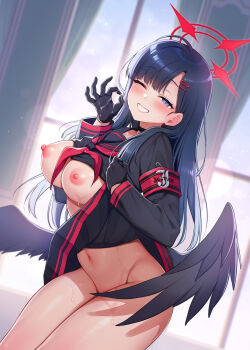 1girl ;d angel_wings armband black_eyes black_gloves black_hair black_serafuku black_wings blue_archive blush bottomless breasts clothes_lift comiket_104 cowboy_shot dutch_angle fellatio_gesture gloves grin hair_ornament hairclip half-closed_eyes halo handjob_gesture highres ichika_(blue_archive) indoors large_breasts long_hair long_sleeves looking_at_viewer low_wings naughty_face navel neckerchief nipples ok_sign one_eye_closed open_mouth oral_invitation parallel_hairclips presenting red_armband red_neckerchief saliva saliva_trail sasachin_(k+w) school_uniform serafuku sexually_suggestive smile solo stomach sweat teeth textless_version thighs third-party_source unusually_open_eyes window wings