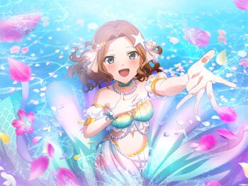 Rule 34 | 1girl, andersen's fairy tales, bikini, blue eyes, blush, brown hair, cosplay, detached sleeves, forehead, frilled bikini, frills, game cg, hair ornament, honami hisame, jewelry, looking at viewer, medium hair, navel, necklace, official art, open mouth, outstretched arm, pearl necklace, petals, puffy detached sleeves, puffy sleeves, reaching, reaching towards viewer, shoujo kageki revue starlight, shoujo kageki revue starlight -re live-, solo, starfish hair ornament, stomach, swimsuit, the little mermaid (andersen), the little mermaid (andersen) (cosplay), upper body, water