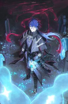 1boy absurdres antenna_hair artist_name belt black_belt black_boots black_capelet black_coat black_gloves black_ribbon blue_fire blue_flower blue_hair boots capelet chain closed_mouth coat collared_capelet commentary crossed_bangs expressionless fire flins_(genshin_impact) floating_hair flower genshin_impact ghost gloves gradient_hair grass grey_pants hair_between_eyes highres holding holding_lantern knee_boots lace-up_boots lantern long_hair long_sleeves looking_at_viewer male_focus moonya multicolored_hair night outdoors pants purple_shirt ribbon shadow shirt signature sleeve_cuffs solo standing symbol-only_commentary thigh_strap tombstone yellow_eyes