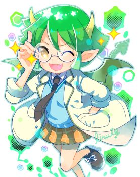 1girl abstract_background adjusting_eyewear ben-day_dots bespectacled black_necktie black_shoes blue_sweater_vest brown_skirt closed_eyes collar commentary_request draco_centauros draco_centauros_(allstar_academy) dragon_girl dragon_horns dragon_tail dragon_wings fang glasses green_hair green_tail green_wings hand_in_pocket hexagon highres horns liruty necktie open_mouth pointy_ears puyopuyo puyopuyo_quest screentones shoes short_hair sidelocks signature skirt sparkle star_(symbol) star_in_eye sweater_vest symbol_in_eye tail wings yellow_eyes
