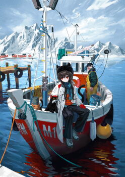 1girl barrel black_cat black_hair boat cat ebiri_fy highres mountain ocean original outdoors red_eyes sitting snow water watercraft