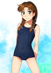 Rule 34 | 1girl, arms behind back, blue background, blue one-piece swimsuit, braid, breasts, brown eyes, brown hair, covered navel, highres, low twintails, neopure, okano youko, old school swimsuit, one-piece swimsuit, school swimsuit, small breasts, solo, standing, swimsuit, true love story, twin braids, twintails
