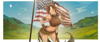 1girl ;) abs absurdres ahoge american_flag animal_ears arm_pouch bare_shoulders black_headband blush border breast_pocket breasts brown_eyes brown_gloves brown_hair brown_shorts chest_strap commentary dark-skinned_female dark_skin english_commentary flag_pin flagpole gloves hair_between_eyes hand_on_own_hip hand_on_own_thigh headband highres horse_ears horse_girl horse_tail indie_virtual_youtuber large_breasts layered_gloves leaning_to_the_side looking_at_viewer midriff multicolored_hair navel ofgwr one_eye_closed parted_lips pocket pouch short_hair shorts smile solo star_(symbol) star_in_eye stomach symbol_in_eye tail thighhighs thighs tomoe_umari tomoe_umari_(umari_3.0) toned toned_female virtual_youtuber white_border white_hair white_thighhighs
