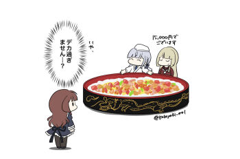 3girls ^_^ arms_at_sides assault_lily bamboo_steamer black_shoes black_skirt blonde_hair blue_necktie blunt_bangs braid brown_hair brown_pantyhose brown_sailor_collar chef chibi closed_eyes closed_mouth frilled_skirt frills grey_hair hair_ribbon hands_up hat high-waist_skirt highres juliet_sleeves kabayaki_(kabayaki_eel) kaede_johan_nouvel kanba_girls_high_school_uniform kon_kanaho long_hair long_sleeves looking_at_another miyagawa_takane multiple_girls necktie no_mouth oversized_food oversized_object pantyhose pillbox_hat profile puffy_sleeves purple_ribbon red_shirt ribbon rice sailor_collar school_uniform seafood serafuku shirt shoes short_sleeves shrimp side_braid simple_background skirt smirk solid_oval_eyes standing translated twitter_username white_background white_hat white_shirt yurigaoka_girls_academy_school_uniform