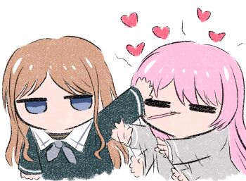 Rule 34 | 2girls, = =, bang dream!, bang dream! it&#039;s mygo!!!!!, blue eyes, blue shirt, brown hair, chibi, chihaya anon, commentary, food, grey jacket, haneoka school uniform, heart, highres, jacket, jo8blhrvkta6duw, long hair, mouth hold, multiple girls, nagasaki soyo, pink hair, pocky, pocky day, rejected kiss, school uniform, shirt, sidelocks, simple background, tsukinomori school uniform, white background, yuri