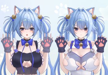 1girl animal_ear_fluff animal_ears animal_hands bell black_dress blue_bow blue_hair blue_nails bow breasts cat_ears closed_mouth collarbone commentary_request dress fang fang_out fingerless_gloves gloves goddess_of_victory:_nikke gretel_(nikke) grey_gloves hair_bell hair_between_eyes hair_bow hair_intakes hair_ornament hair_rings hands_up hansel_(nikke) highres jingle_bell large_breasts multiple_views nail_polish open_mouth paw_gloves purple_eyes romaji_commentary sunameri_(pixiv3564245) twintails upper_body white_dress