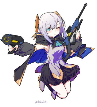 1girl absurdres aqua_ascot ars_almal ars_almal_(1st_costume) ascot black_cape black_skirt black_sleeves blue_ascot blue_eyes blush breasts cape closed_mouth detached_sleeves finger_on_trigger gun hair_between_eyes hair_ornament highres holding holding_gun holding_weapon hood hood_down hooded_cape jumping long_sleeves medium_breasts miniskirt nijisanji one_eye_closed open_mouth overwatch pleated_skirt puffy_long_sleeves puffy_sleeves shirt shoes short_hair skirt sleeveless solo tatami_kami virtual_youtuber weapon white_background white_hair white_shirt