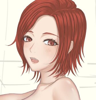 1girl female_focus from_behind hoshinatsue looking_at_viewer open_mouth pale_skin red_eyes red_hair short_hair the_king_of_fighters vanessa_(kof)