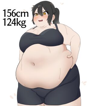 1girl belly belly_grab big_belly bike_shorts black_bra black_hair black_shorts blush bra breasts doria_(5jiz007hug29791) embarrassed fat fat_woman hair_between_eyes medium_breasts medium_hair open_mouth original ponytail short_shorts shorts solo standing sweat tears thick_arms underwear wavy_mouth weight_conscious white_background yellow_eyes