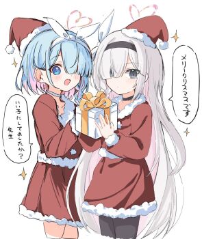 2girls :d alternate_costume arona_(blue_archive) black_choker black_hair black_pantyhose blue_archive blue_eyes blue_hair blush bow bow_hairband box choker colored_inner_hair commentary_request cropped_legs dress fur-trimmed_dress fur-trimmed_headwear fur_trim gift gift_box grey_eyes hair_bow hair_over_one_eye hairband hat holding holding_gift long_hair long_sleeves looking_at_viewer medium_hair multicolored_hair multiple_girls open_mouth pantyhose pink_hair plana_(blue_archive) red_dress red_hat red_pupils santa_costume santa_hat simple_background smile sparkle speech_bubble very_long_hair white_background white_bow white_choker white_hair white_hairband youbi_(0ver_sd)