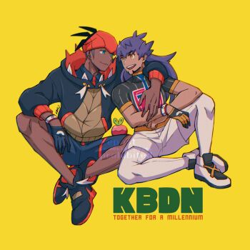 Rule 34 | 2boys, applin, aqua eyes, arm around shoulder, black hair, blue gloves, blue shorts, closed mouth, commentary, dark-skinned male, dark skin, english text, eye contact, facial hair, gen 8 pokemon, gloves, goatee, headband, highres, hood, hood down, hoodie, leggings, leon (pokemon), long hair, looking at another, male focus, multiple boys, nintendo, ocyaco, open mouth, orange headband, pokemon, pokemon (creature), pokemon swsh, print shirt, purple hair, raihan (pokemon), round teeth, shirt, shoes, short sleeves, shorts, sideburns, single glove, sitting, smile, teeth, upper teeth only, white leggings, white shorts, yellow background