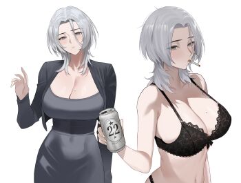 1girl absurdres bare_shoulders beer_can black_bra blush bra breasts can cigarette closed_mouth collarbone commentary dongtan_dress dress drink_can grey_dress grey_eyes grey_hair grey_jacket hand_up highres holding holding_can huge_breasts jacket long_hair looking_at_viewer medium_hair mole mole_on_breast mole_under_mouth multiple_views navel open_clothes open_jacket original simple_background stomach twentytwo_(twenty_zwei) underwear white_background