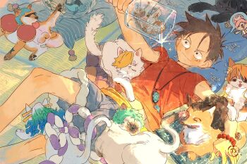 1boy animalization blonde_hair blue_hair blue_shorts boat bracelet cat dog franky_(one_piece) highres jewelry jinbe_(one_piece) monkey_d._luffy nami_(one_piece) nico_robin one_piece orange_hair ponytail red_shirt rope roronoa_zoro sanji_(one_piece) sash scar scar_on_face shimenawa shirt shorts siyangou49 sleeping smile straw_hat_pirates sunglasses thousand_sunny tony_tony_chopper usopp watercraft yamato_(one_piece) yellow_sash