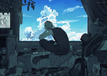 1boy ashtray back bag bed bed_sheet beer_can blue_sky bottle can cellphone cigarette_butt cloud commentary_request crossed_legs cumulonimbus_cloud curtains day desk desk_lamp drink_can electric_fan feet fingernails hand_on_own_head hikikomori indoors lamp looking_outside male_focus messy_room monitor on_bed open_bag original pants phone pillow sakiyama8ma short_hair signature sitting skinny sky sleeveless smartphone soles solo toes translation_request trash_can water_bottle window