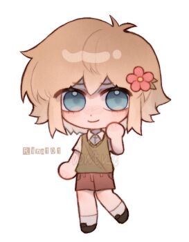 1boy antenna_hair basil_(faraway)_(omori) basil_(omori) black_shoes blonde_hair blue_eyes blush brown_shorts chibi chibi_only closed_mouth commentary english_commentary flower full_body green_sweater_vest hair_flower hair_ornament looking_at_viewer omori shirt shoes short_hair short_sleeves shorts sidelocks simple_background smile socks solo sweater_vest watermark white_background white_shirt white_socks x1aksi1s