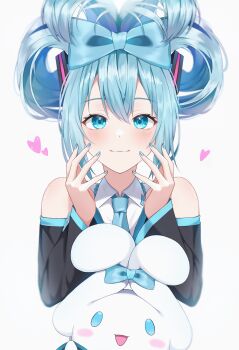 1girl bare_arms blue_bow blue_eyes blue_hair blue_nails blue_necktie blush bow closed_mouth collared_shirt commentary_request detached_sleeves double-parted_bangs fingernails hair_rings hatsune_miku headset heart highres long_sleeves looking_at_viewer medium_hair necktie shirt sidelocks simple_background smile solo stuffed_animal stuffed_rabbit stuffed_toy upper_body vocaloid wanko_(yurika0320) white_background white_shirt