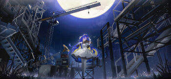 1girl absurdres apron black_dress black_hairband black_shoes blonde_hair blue_hair bow_(music) box closed_eyes closed_mouth colored_inner_hair crane_(machine) dress frilled_apron frills full_moon grass hair_between_eyes hair_intakes hair_ornament hairband highres holding holding_bow_(music) holding_instrument holding_violin huge_moon instrument juliet_sleeves long_hair long_sleeves mary_janes moon multicolored_hair music night night_sky pantyhose phonograph playing_instrument puffy_sleeves reverse:1999 school_uniform shoes sky smile solo soviet_school_uniform sparkle stairs standing star_(symbol) star_hair_ornament starry_sky_print truss very_long_hair violin voyager_(reverse:1999) white_apron white_pantyhose wide_shot zaocan_nai_cha