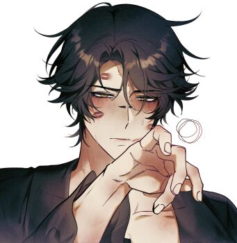 1boy black_hair black_shirt blush bridge_piercing burn_scar cactus_thron collarbone face_piercing hand_on_own_face highres identity_v korean_commentary lipstick_mark lipstick_mark_on_face long_sleeves looking_at_viewer male_focus norton_campbell norton_campbell_(the_black_tulip) open_clothes open_shirt piercing scar scar_on_face shirt short_hair solo squiggle sweat upper_body white_background yellow_eyes