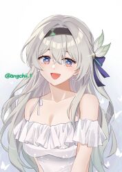 Rule 34 | 1girl, :d, alternate costume, angchi, bare shoulders, blue pupils, breasts, bug, butterfly, cleavage, collarbone, firefly (honkai: star rail), frilled shirt, frills, gradient background, grey background, grey hair, hair between eyes, hair ornament, highres, honkai: star rail, honkai (series), insect, large breasts, long hair, looking at viewer, off-shoulder shirt, off shoulder, open mouth, purple eyes, red eyes, shirt, sidelocks, smile, solo, twitter username, two-tone eyes, upper body, white background, white shirt