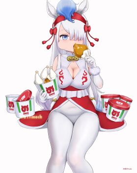 1girl animal_ears beleven bird blue_eyes blue_hair bow breasts bucket_of_chicken center_opening chicken chicken_(food) chicken_leg cleavage covered_navel detached_sleeves eating extra_ears feet food fried_chicken gyokuryu_(kemono_friends) hair_over_one_eye hairband headgear highres holding holding_food horse_ears horse_girl japari_symbol kemono_friends kemono_friends_3 large_breasts long_hair meat multicolored_hair pantyhose santa_costume solo stomach thighs white_hair white_pantyhose