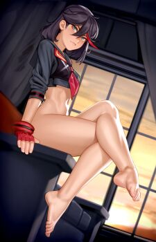 1girl absurdres barefoot black_hair black_shirt blue_eyes bottomless breasts closed_mouth crop_top crossed_legs feet female_focus hair_between_eyes highres indoors kairunoburogu kill_la_kill legs matoi_ryuuko medium_breasts multicolored_hair neckerchief plantar_flexion red_hair red_neckerchief school_uniform senketsu serafuku shirt short_hair sitting solo thighs three-quarter_sleeves two-tone_hair
