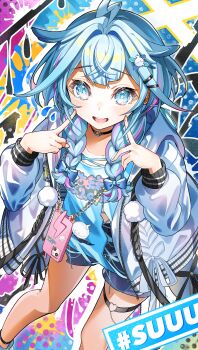 1girl :d absurdres ahoge ankle_strap blue_bow blue_eyes blue_hair blue_shirt blue_shorts bow braid cellphone chain chain_necklace choker colored_shadow colorful_background commentary_request double-parted_bangs drop_shadow feet_out_of_frame fingers_to_cheeks furuki_ayaginutaira hair_bow hair_flaps hair_intakes hair_ornament hairclip hashtag heart heart_o-ring highres hololive hololive_dev_is hood hooded_jacket index_fingers_raised jacket jewelry leaning_forward lightning_ahoge long_hair long_sleeves looking_at_viewer low_twin_braids mizumiya_su mizumiya_su_(1st_costume) multicolored_hair necklace o-ring o-ring_choker o-ring_thigh_strap open_clothes open_jacket open_mouth parallel_hairclips phone pink_streaks pointing pointing_at_self pom_pom_(clothes) print_shirt raised_inner_eyebrows shadow shirt short_shorts shorts smartphone smartphone_case smile solo streaked_hair teeth thigh_strap torn_clothes torn_shirt torn_shorts twin_braids two-tone_hair upper_teeth_only virtual_youtuber white_jacket white_sleeves x_hair_ornament