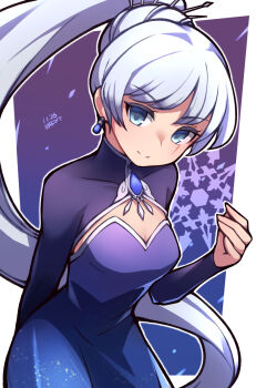 Rule 34 | 1girl, arm behind back, blue dress, blue eyes, breasts, closed mouth, dress, earrings, hand up, high ponytail, highres, jewelry, long hair, looking at viewer, ponytail, rwby, scar, scar across eye, scar on face, shrug (clothing), smile, snowflake background, solo, umenodo, very long hair, weiss schnee, white hair
