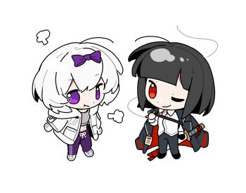 2girls ahoge black_gloves black_hair black_jacket bow chibi cigarette commentary_request gloves holding holding_cigarette huili_bot jacket kira_(project_moon) limbus_company long_sleeves looking_at_viewer multiple_girls one_eye_closed open_clothes open_jacket pants project_moon purple_eyes purple_pants red_eyes ryoshu_(project_moon) short_hair simple_background smile smoke smoking white_background white_hair