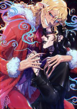 2boys black_hair blackberreh-art cigarette commentary design_speculation distortion_(tma) ear_piercing earrings english_commentary eye_tattoo face_piercing gerard_keay goth_fashion grin highres holding holding_cigarette jewelry lips long_hair makeup male_focus michael_shelley monster_boy multiple_boys multiple_piercings neck_tattoo nose_piercing nose_ring piercing septum_piercing sharp_teeth shirt smile smoke smoking snakebite_(piercing) tattoo teeth the_magnus_archives yaoi