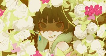 absurdres bare_shoulders blue_gem blunt_bangs blush border ear_piercing earrings floral_background flower gem gold green_eyes green_hair hair_ornament hair_over_shoulder hairband hibiscus highres japanese_clothes jewelry kimono leaf light_smile lipstick looking_at_viewer lower_lip_only makeup maomao_(kusuriya_no_hitorigoto) nose_blush ornate_border petals piercing pink_flower pink_kimono plant raised_eyebrow robarts_15 rose shade shaded_face shiny_eyes single_bare_shoulder single_earring smirk teardrop_earrings twintails vines white_flower white_rose
