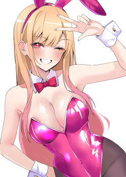 1girl absurdres animal_ear_hairband animal_ears bare_shoulders blonde_hair blush bow bowtie breasts cleavage collarbone covered_groin covered_navel detached_collar fake_animal_ears gradient_hair grin gyaru hairband highres kitagawa_marin large_breasts leotard long_hair looking_at_viewer medium_breasts multicolored_hair nakano_kura one_eye_closed pantyhose pink_leotard playboy_bunny rabbit_ear_hairband rabbit_ears red_bow red_bowtie red_eyes simple_background smile solo sono_bisque_doll_wa_koi_wo_suru v wrist_cuffs