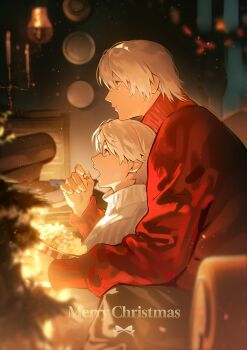 2boys absurdres blue_eyes candlestand chewing christmas_tree commentary dante_(devil_may_cry) devil_may_cry_(series) eating food grey_pants hair_between_eyes highres hug hug_from_behind implied_incest indoors jiuyuansi_(hierro_boat) male_focus merry_christmas multiple_boys nero_(devil_may_cry) open_mouth pants popcorn red_sweater short_hair sitting sweater symbol-only_commentary turtleneck turtleneck_sweater uncle_and_nephew upper_body white_hair white_sweater