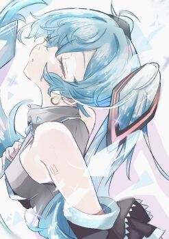 1girl ahoge aqua_hair aqua_necktie aqua_trim black_sleeves breasts closed_eyes commentary commentary_request detached_sleeves earrings floating_hair frilled_shirt_collar frills from_side grey_shirt hair_between_eyes hair_ornament hand_up hatsune_miku jewelry long_hair long_sleeves medium_breasts mole mole_under_eye necktie number_tattoo parted_lips shirt shoulder_tattoo sidelocks simple_background sleeveless sleeveless_shirt solo tattoo turn3341 twintails upper_body very_long_hair vocaloid white_background