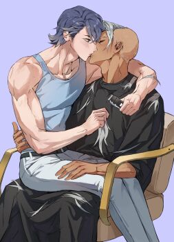 absurdres alfonse_(fire_emblem) black_cape blonde_streaks blue_hair bruno_(fire_emblem) cape commission commissioner_upload couple cutting_another's_hair cutting_hair dark_skin fire_emblem fire_emblem_heroes grey_hair highres holding holding_razor kiss nintendo nocnoc non-web_source pale_skin razor role_playing roleplay shaving short_hair sitting sitting_on_lap sitting_on_person strong toned toned_male yaoi
