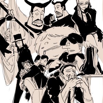 Rule 34 | 1girl, 6+boys, animal, animal on shoulder, beard, bird, bird on shoulder, blueno, commentary request, dress, eyewear on head, facial hair, fukurou (one piece), glasses, gloves, greyscale, grin, hat, hattori (one piece), head rest, highres, jabra (one piece), kalifa (one piece), kumadori (one piece), long hair, long nose, monochrome, multiple boys, multiple views, mustache, necktie, one piece, pigeon, rob lucci, sideburns, smile, sutaneko, zipper