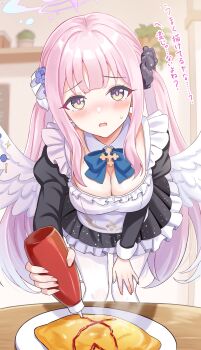 1girl absurdres alternate_costume angel_wings black_scrunchie blue_archive blush bottle breasts cleavage commentary_request cross crouching_start detached_collar dress enmaided feathered_wings flower food frilled_dress frills hair_flower hair_ornament hair_scrunchie halo highres holding holding_bottle ketchup ketchup_bottle long_hair long_sleeves looking_at_viewer low_wings maid mika_(blue_archive) omelet omurice pantyhose pink_hair pink_halo plate scrunchie solo squeeze_bottle translation_request white_pantyhose white_wings wings yellow_eyes