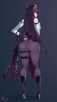 1girl annoyed ass ass_focus bare_shoulders boots clothes_lift fishnet_pantyhose fishnets from_behind genshin_impact habit high_heel_boots high_heels highres huge_ass looking_at_viewer looking_back multicolored_hair pantyhose purple_eyes purple_hair r3dfive red_hair rosaria_(genshin_impact) shiny_clothes short_hair skirt skirt_hold skirt_lift solo thigh_strap two-tone_hair