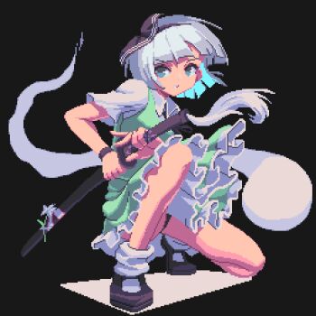 1girl black_background black_hairband black_shoes blue_eyes collared_shirt commentary english_commentary frilled_skirt frills green_skirt green_vest grey_hair hairband hitodama holding holding_sword holding_weapon katana konpaku_youmu konpaku_youmu_(ghost) mary_janes pixel_art potemki11 sheath shirt shoes simple_background sitting skirt skirt_set socks solo sword touhou unsheathing vest weapon white_shirt white_socks