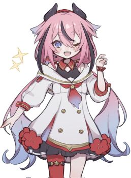 1other ;d a.i._voice arazan_(ara_arazan24) asymmetrical_legwear bare_shoulders belt beret black_dress black_horns black_streaks blue_eyes blue_hair blue_nails blush buttons collar commission contrast_collar corrupted_twitter_file cowboy_shot double-breasted double-parted_bangs dress fang flower gradient_hair gradient_necktie gynoid_talk hand_up hashtag-only_commentary hat headset highres horned_hat horns layered_dress long_hair low_twintails meika_hime multicolored_hair multicolored_nails nail_polish necktie off-shoulder_dress off_shoulder one_eye_closed open_mouth pantyhose pink_hair pleated_dress plum_blossoms puffy_sleeves red_collar red_hat red_nails red_necktie red_pantyhose red_ribbon ribbon sailor_collar short_eyebrows sidelocks simple_background single_leg_pantyhose skeb_commission smile solo sparkle standing streaked_hair thick_eyebrows thigh_belt thigh_strap three-quarter_sleeves twintails very_long_hair white_background white_dress wrist_ribbon