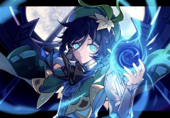 1boy ahe63011 aqua_eyes beret black_bow black_bowtie black_hair blue_hair bow bowtie braid bright_pupils cape capelet center_frills chinese_commentary commentary_request energy floating_cape floating_hair flower frilled_sleeves frills full_moon genshin_impact glowing glowing_eyes gradient_hair green_cape green_capelet green_hat hair_between_eyes hair_flower hair_ornament hand_up hat highres long_sleeves looking_at_viewer male_focus medium_hair moon multicolored_hair parted_lips shirt side_braids solo twin_braids upper_body venti_(genshin_impact) white_flower white_pupils white_shirt