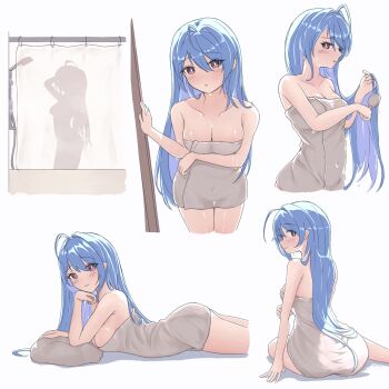 1girl absurdres ahoge ass azur_lane blue_hair breasts cleavage cowboy_shot helena_(azur_lane) highres holding kyl490 long_hair lying medium_breasts multiple_views naked_towel on_stomach showering simple_background sitting solo towel wet wet_hair white_background