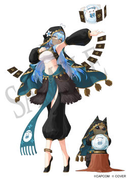 Rule 34 | 1girl, absurdres, ahoge, alternate costume, anklet, arabian clothes, armpits, black shoes, black sleeves, blue hair, breasts, capcom, card, character print, cho gum, closed mouth, clothing cutout, commentary request, copyright logo, cosplay, cropped shirt, crystal ball, detached sleeves, elf, felyne, fortune teller, full body, fur skirt, hand on own chest, harem pants, heart, heart ahoge, highres, hololive, hood, jewelry, large breasts, leg cutout, logo, long hair, looking at viewer, midriff, monster hunter (series), monster hunter wilds, mouth veil, multicolored hair, navel, official alternate costume, official art, outstretched arm, pants, player palico, player palico (cosplay), pointy ears, puffy sleeves, shirt, shoes, simple background, sleeveless, sleeveless shirt, smile, standing, stomach, streaked hair, veil, virtual youtuber, white background, xu wu (palico armor), yellow eyes, yukihana lamy, yukimin (yukihana lamy)