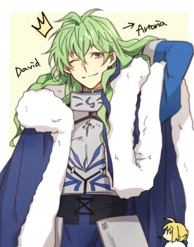 Rule 34 | 1boy, 1girl, armor, artoria pendragon (fate), cape, character name, choco taberusan, commentary request, cosplay, cowboy shot, david (fate), drawn crown, fate/grand order, fate (series), faulds, fur-trimmed cape, fur trim, gorget, green eyes, green hair, long hair, one eye closed, saber (fate), saber (fate) (cosplay), scratching cheek, smile